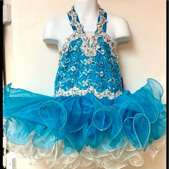 Size 4 Turquoise Blue Corset Lace Up Back Cupcake Pageant With Matching Bow  NWT